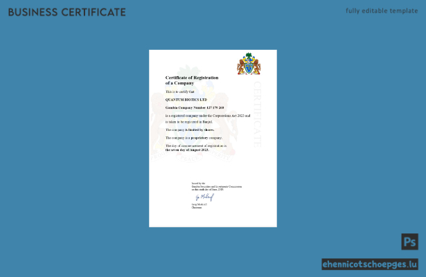 Gambia-Registrierungszertifikat – Beispielansicht in Word und PDF